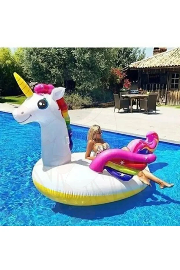 Unicorn Tek Boynuzlu Tutamaçlı MEGA Boy Ada Binici At Havuz, Deniz 201cm x 140cm x 97cm Pompa, Yama